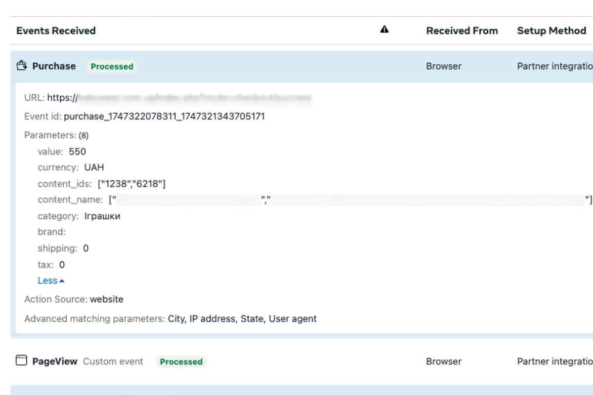 Події Purchase стали повними: value, currency, content_id, category, name, user-data.
